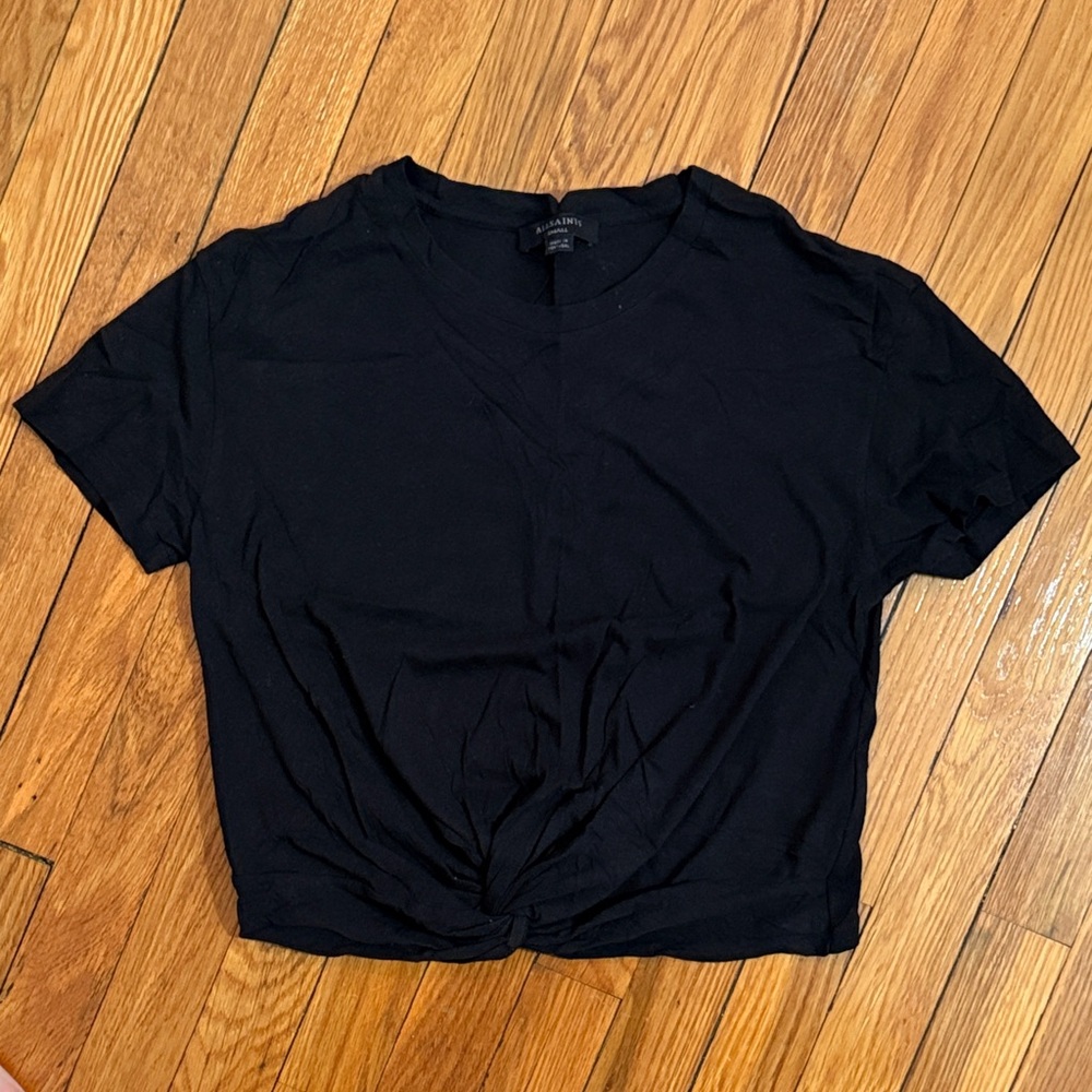 AllSaints Black Women's Crop Tee with Front Twist - Small